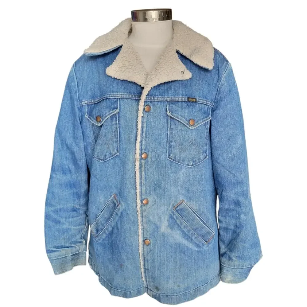 Vintage 1970s Wrangler Wrange Coat Denim Sherpa Lined Jacket in Blue Large